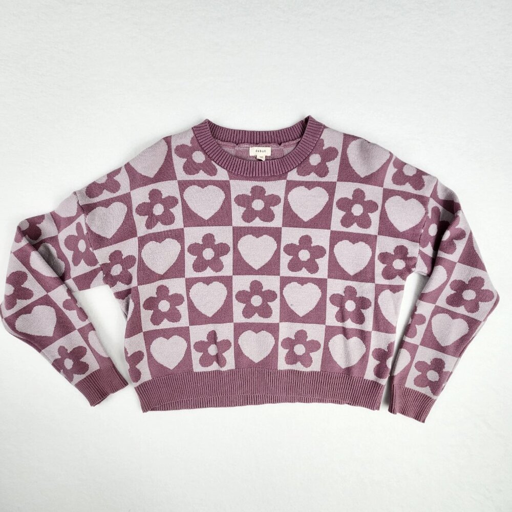 Debut Womens Cropped Sweater Top Size S Pink Hearts and Flowers